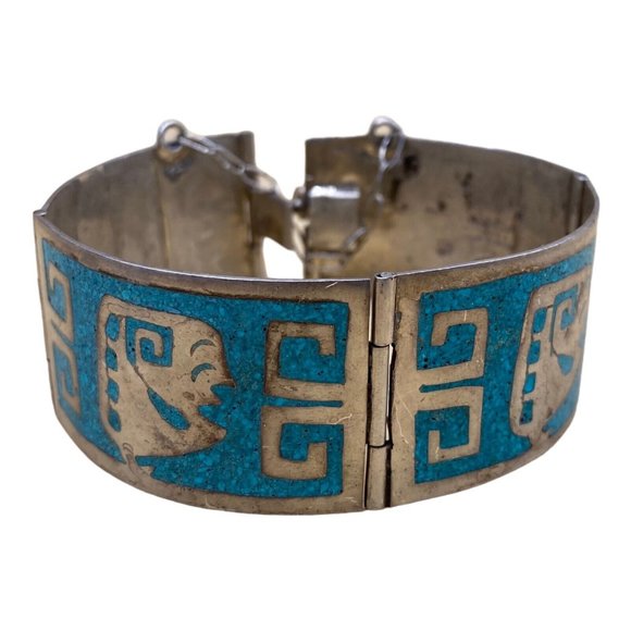 Mexico 925 Sterling Silver Crushed Turquoise Inlay Greek Key Bracelet READ